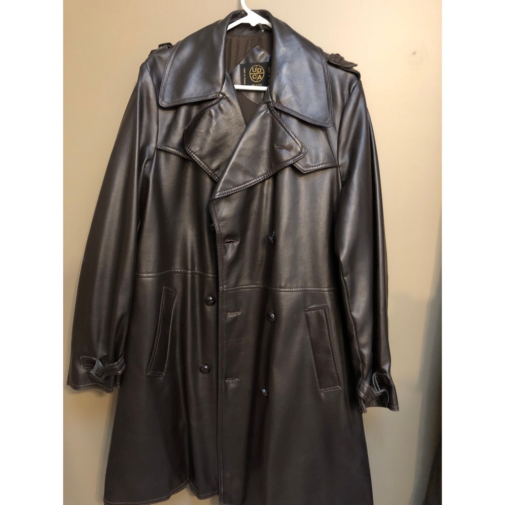 VTG 70s UDCA Brown Faux Leather Trench Coat Double Breasted XL Plaid Lined Retro